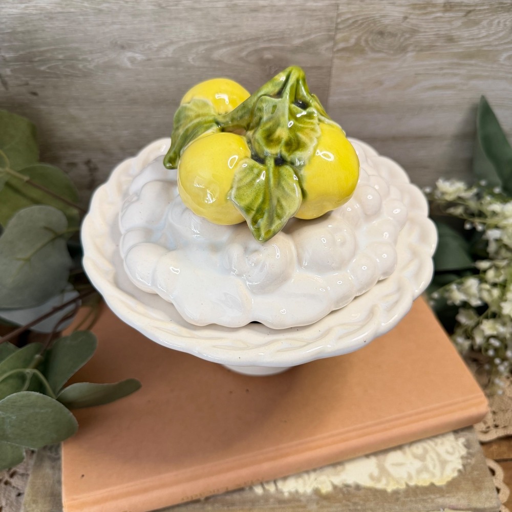 Ceramic Pedestal Candy Dish with Lemon Lid Basketweave White Yellow Green